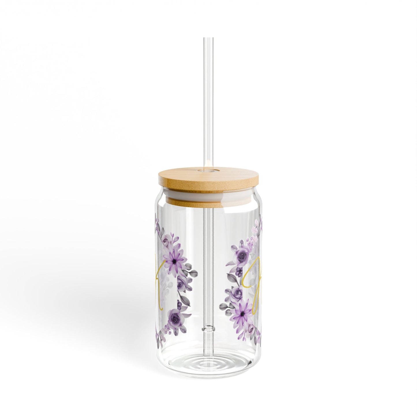 Personalized Floral Sipper Glass - 16oz with Straw & Wooden Lid