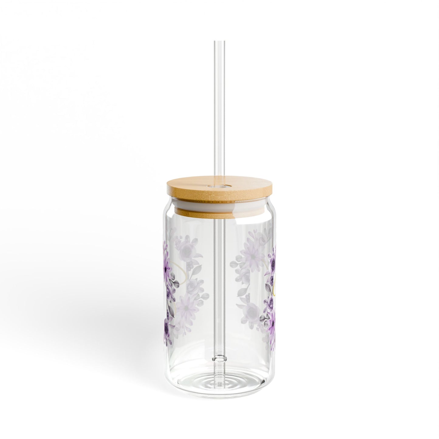 Personalized Floral Sipper Glass - 16oz with Straw & Wooden Lid