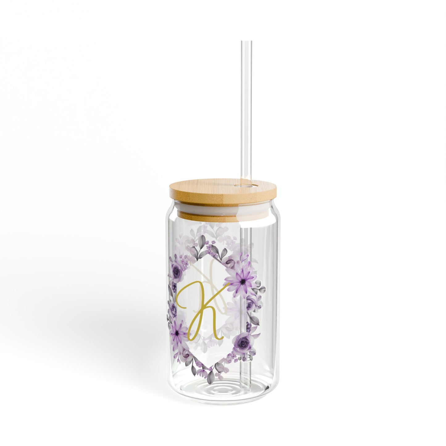 Personalized Floral Sipper Glass - 16oz with Straw & Wooden Lid