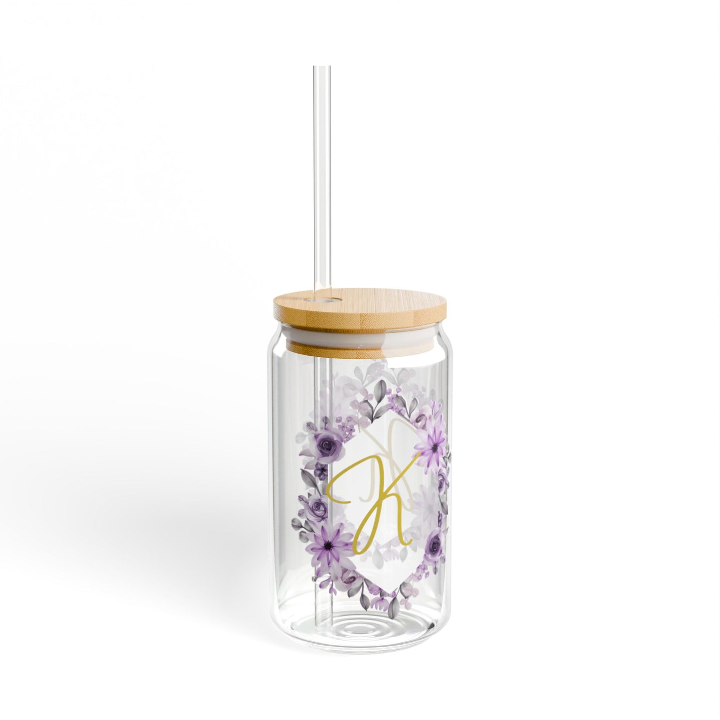 Personalized Floral Sipper Glass - 16oz with Straw & Wooden Lid